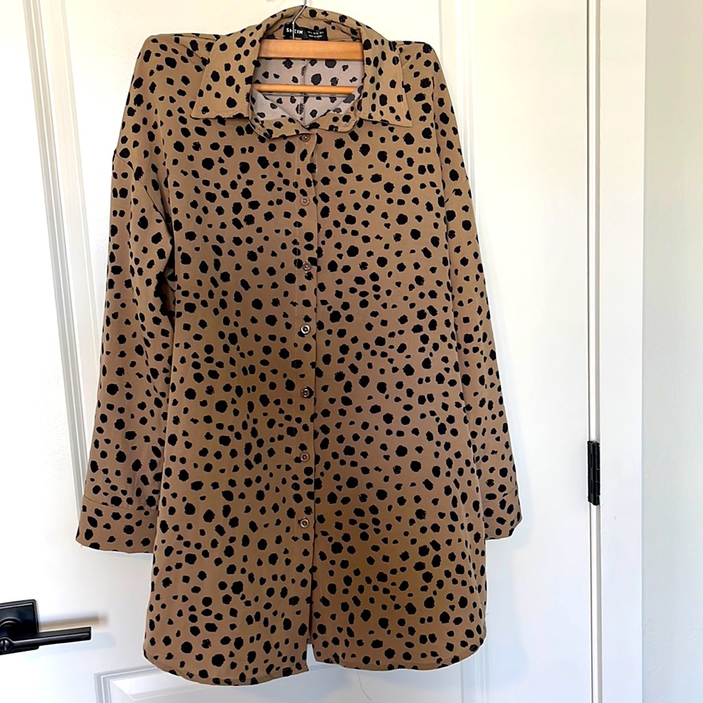 Button down long sleeve dress. Beige with black Dalmatian print.